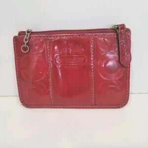 COACH Skinny Key Card Case Small Wallet Red Patent Leather Zip 5x3 Fair